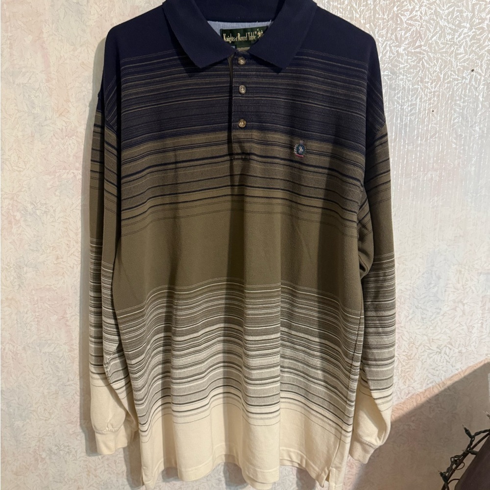 Classic Polo with Navy and Beige Stripes, Polyester Blend,‎ Sz XL